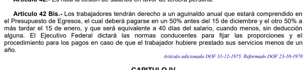 captura de pantalla del artículo 42-Bis de la Ley Federal de Trabajadores al Servicio del Estado