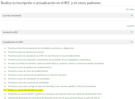 Captura del portal del SAT para la inscripción o actualización del RFC