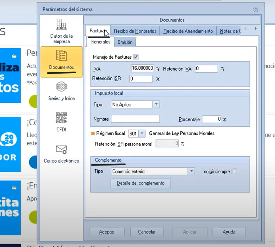 captura de pantalla configuración complemento comercio exterior en Aspel FACTURE