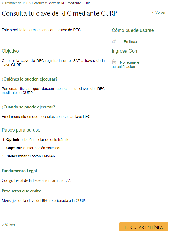Captura del portal del SAT de la pestaña para realizar la consulta del RFC con CURP