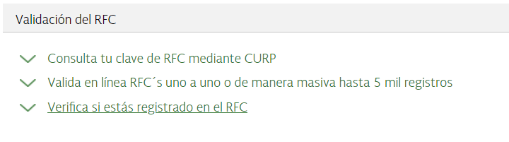Captura del menú desplegable de "Validación del RFC" resaltando la opción de "Verifica si estás registrado en el RFC"