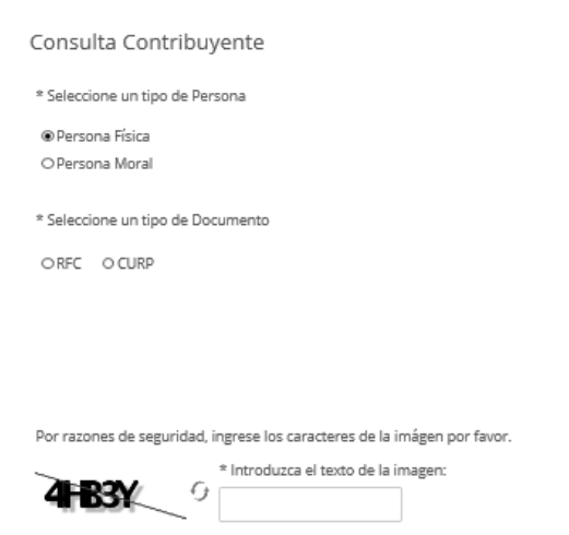 Captura del proceso de verificación, mostrando las opciones de RFC y CURP para personas físicas
